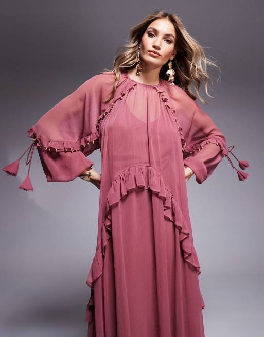 ASOS DESIGN beaded ruffle maxi dress with tassels in berry