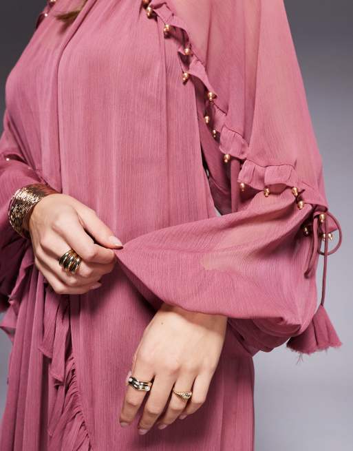 ASOS DESIGN beaded ruffle maxi dress with tassels in berry