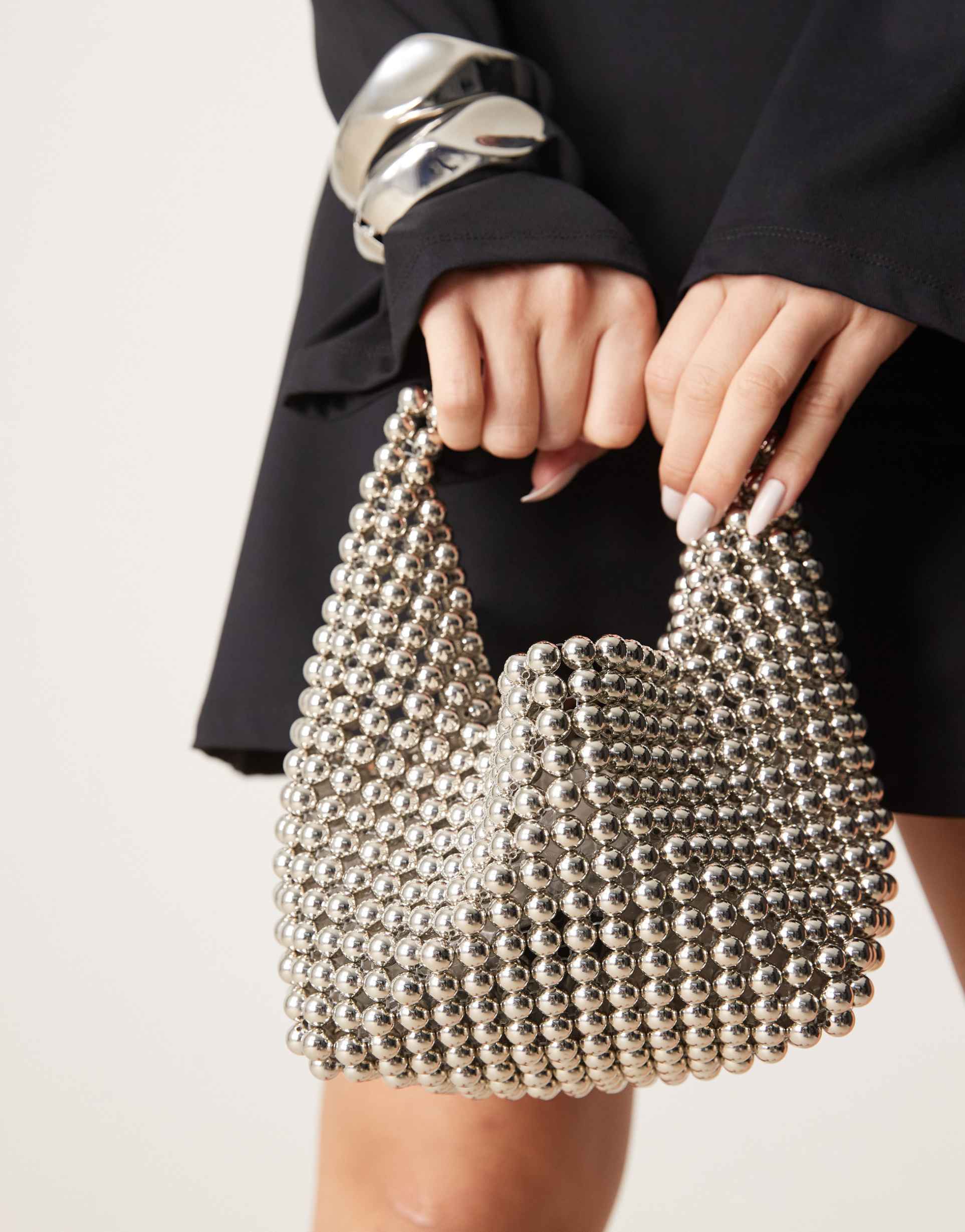 asos design beaded scoop grab bag in silver