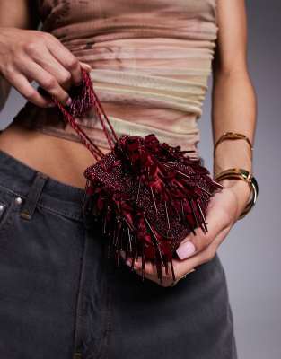Asos Design Beaded Sequin Mini Grab Clutch Bag In Red