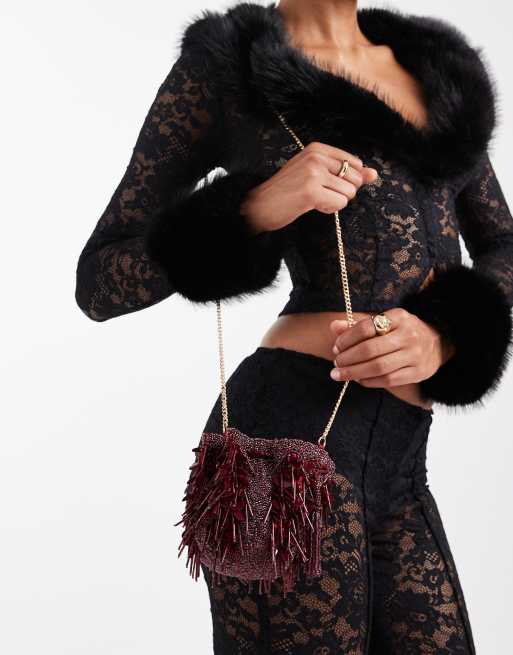 ASOS DESIGN beaded sequin mini grab clutch bag in burgundy