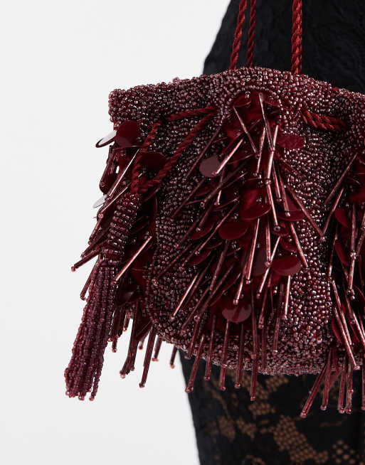 ASOS DESIGN beaded sequin mini grab clutch bag in burgundy