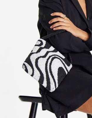 Asos Design Beaded Shoulder Bag In Mono Swirl Print-multi | ModeSens