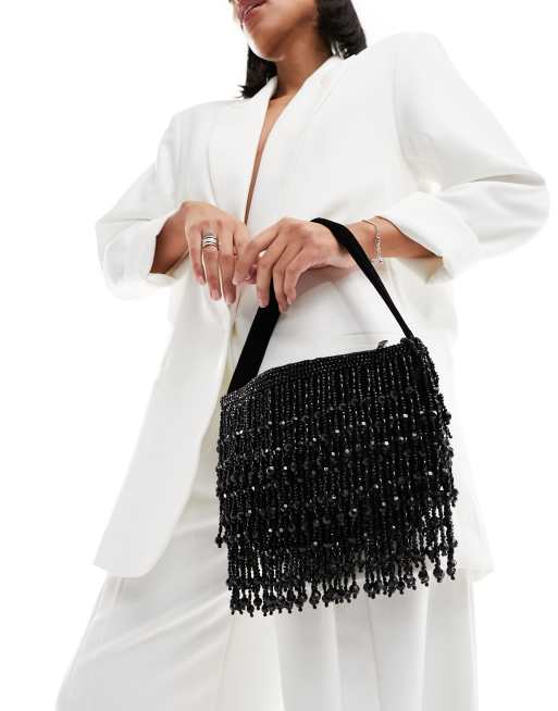 ASOS DESIGN beaded tassel fringe shoulder bag in black