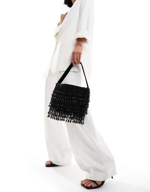 ASOS DESIGN beaded tassel fringe shoulder bag in black ASOS