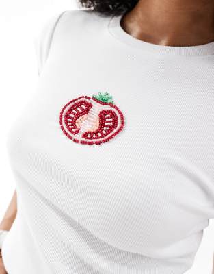 Asos Design Beaded Tomato Baby Tee In White