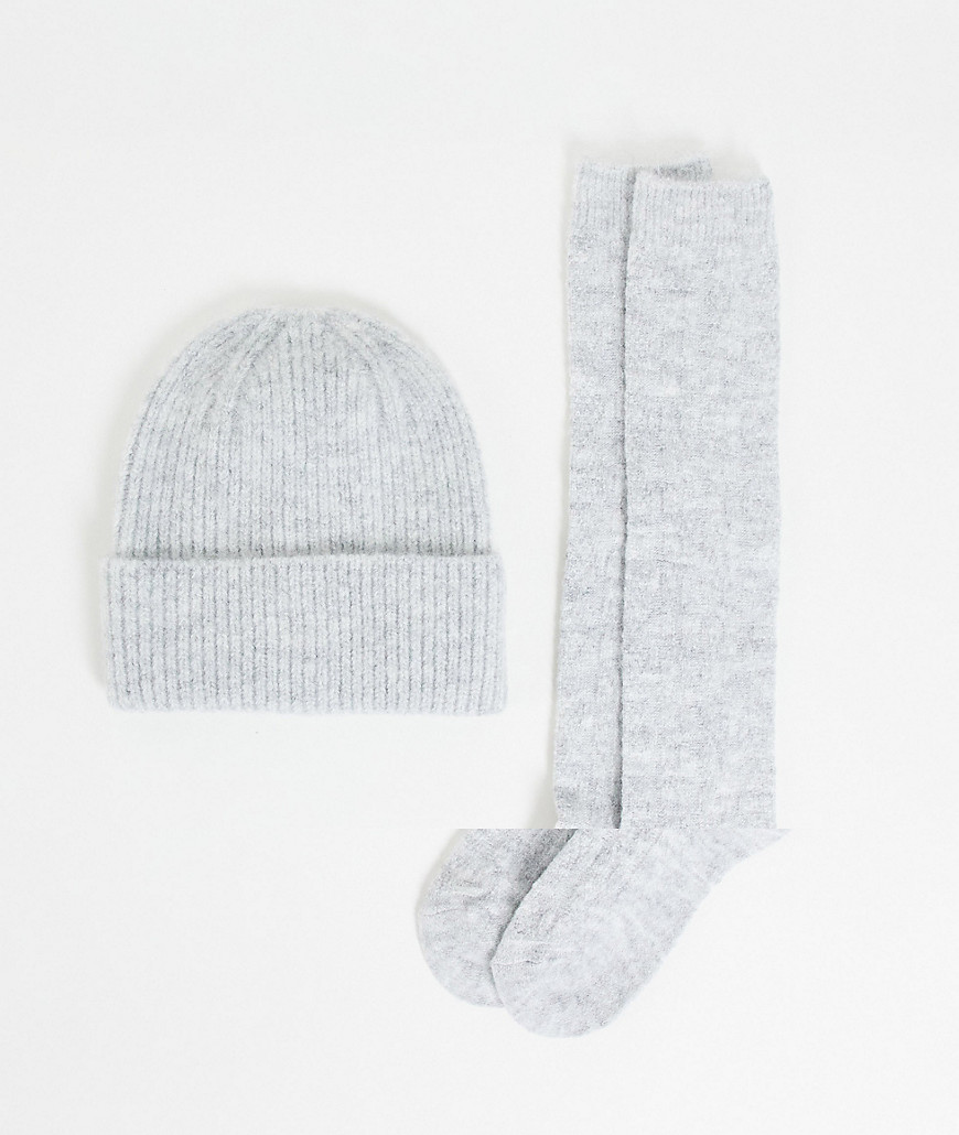 ASOS DESIGN beanie and socks gift set in light gray-Grey