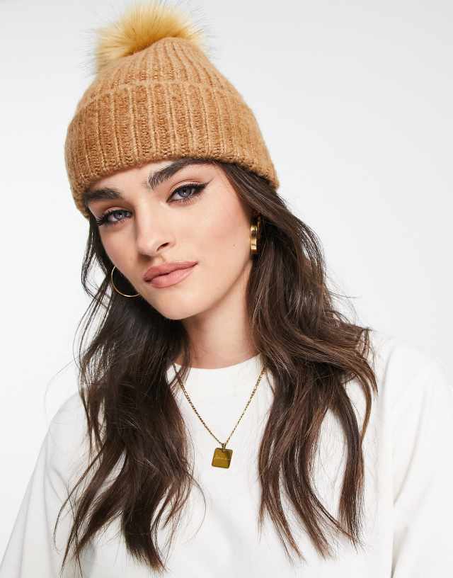 ASOS DESIGN beanie in camel with tonal faux fur pom-pom