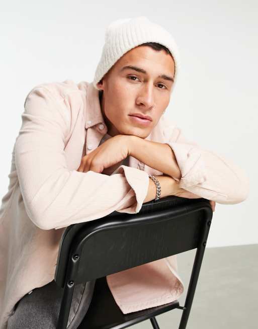 ASOS DESIGN beanie in off white and pink twist