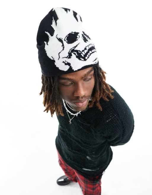 ASOS DESIGN - Beanie met doodshoofd-motief in zwart