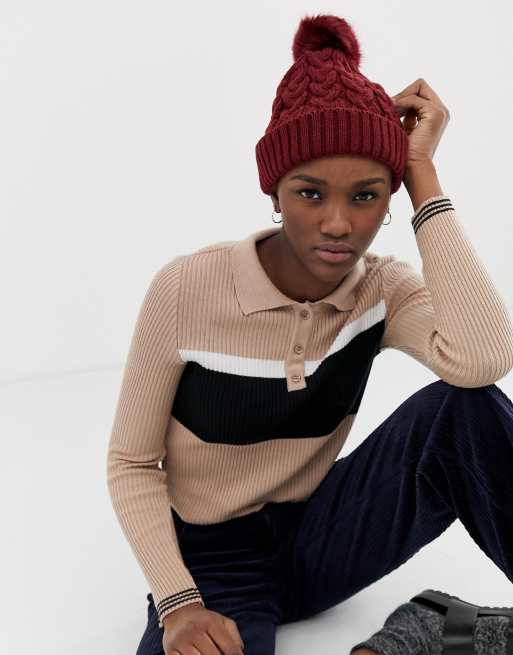 ASOS DESIGN - Beanie met kabels en pompom van imitatiebont