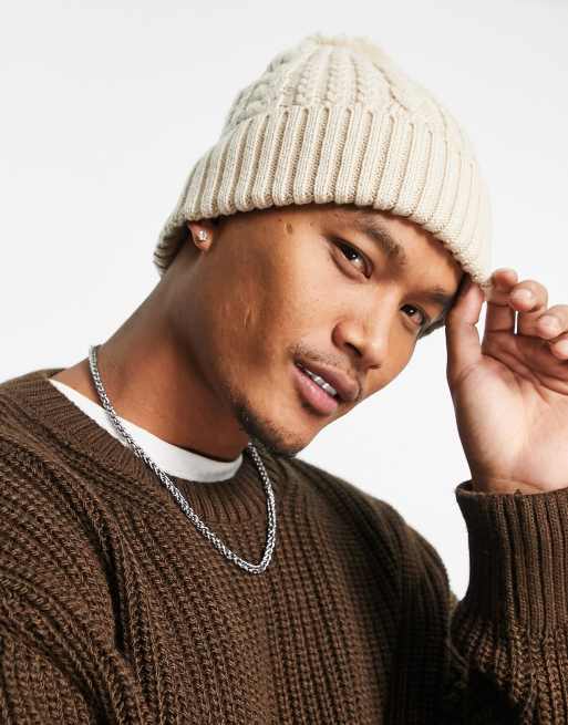 ASOS DESIGN beanie with cable knit and bobble in cream