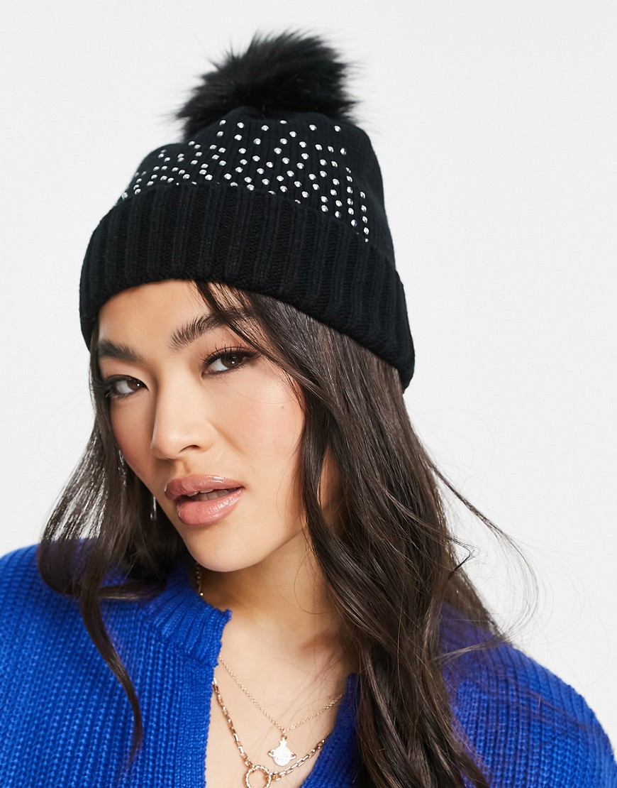 ASOS DESIGN beanie with diamante detailing and faux fur pom in black
