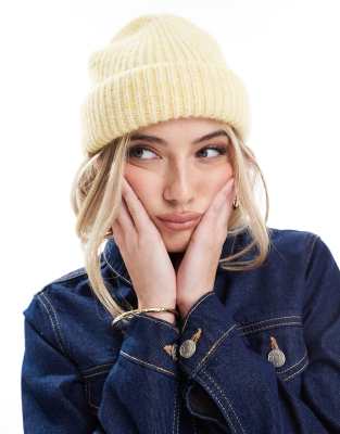 Asos Design Beanie With Wool Rib In Yellow-white