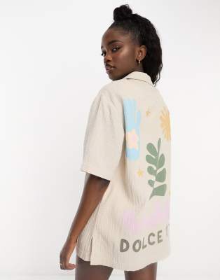 ASOS DESIGN - Bedrucktes Bowling-Hemd in Sand, Kombiteil-Neutral