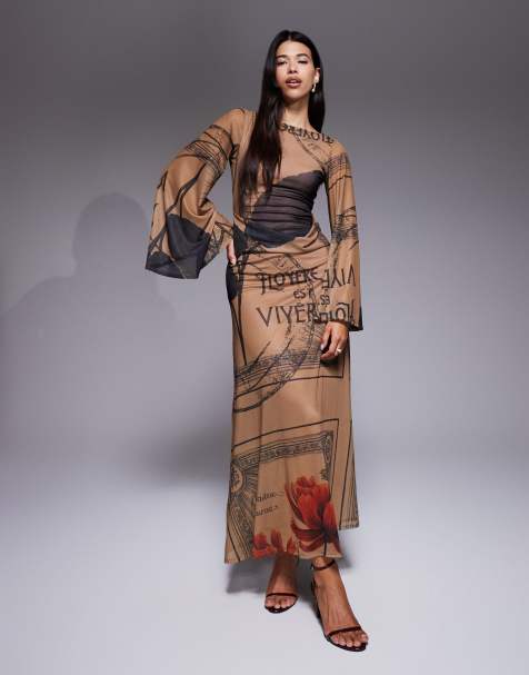 ASOS DESIGN – Bedrucktes, langärmliges Maxikleid aus Netzstoff mit drapierter Rückseite und Blumenmuster - view 1