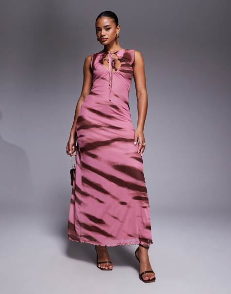 ASOS DESIGN – Bedrucktes Netzstoff-Maxikleid in Rosa und Braun mit Animal-Print, Kräuselsaum und Schlüssellochausschnitt - view 1