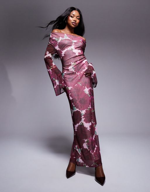 ASOS DESIGN – Bedrucktes Netzstoff-Maxikleid mit Wasserfallausschnitt und ausgestellten Ärmeln