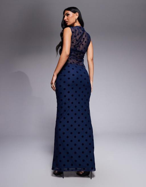 ASOS DESIGN – Beflockter Netzstoff-Maxirock in Marineblau mit Punktemuster und niedrigem Bund, Kombiteil, 5 von 5