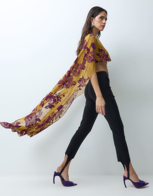 ASOS DESIGN beflocktes Longline-Maxikape in Violett und Ocker, 3 von 5