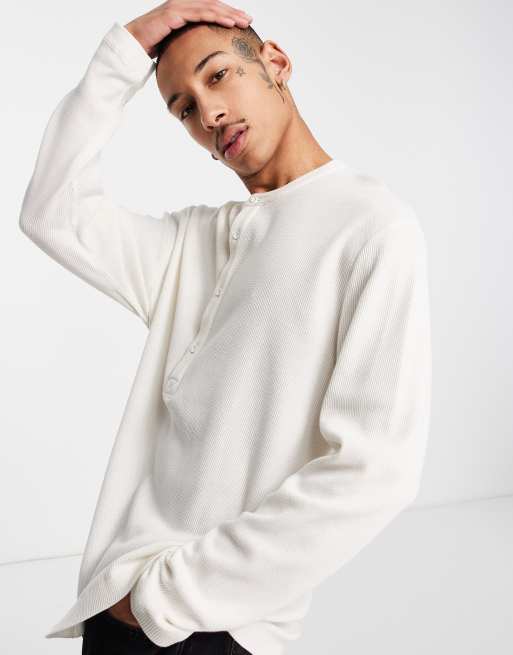 ASOS DESIGN - Behaaglijk overhemd zonder kraag, met wafelstructuur en wijde, lange mouwen in gebroken wit
