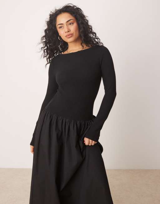 ASOS DESIGN - Behaaglijke maxi-jurk van popeline-mix in zwart