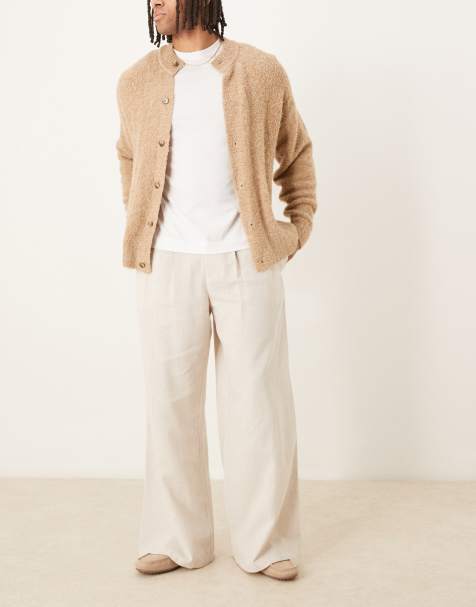 ASOS DESIGN – Beiga finbyxor i linnemix med ledig passform och brett midjeband - view 1