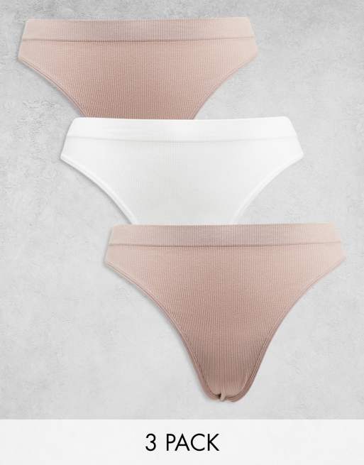 ASOS DESIGN – Beiga, vita och ribbade stringtrosor i seamless design, 3-pack