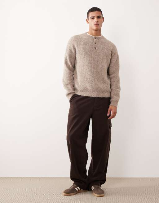 ASOS DESIGN - Beige afslappet henley-trøje i strikket uldblanding, 2 af 5