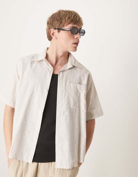 ASOS DESIGN - Beige afslappet skjorte med 70'er-krave i hørlook i firkantet pasform - view 1