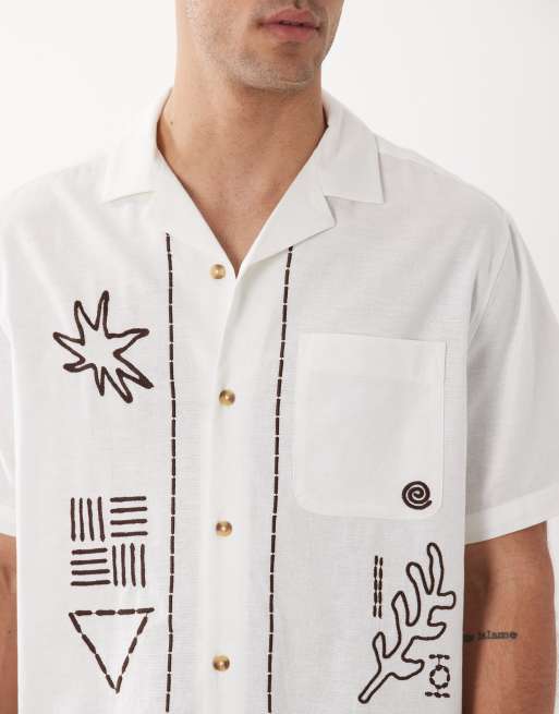 ASOS DESIGN - Beige afslappet skjorte med blomsterbroderier i hørrigt stof, 5 af 5