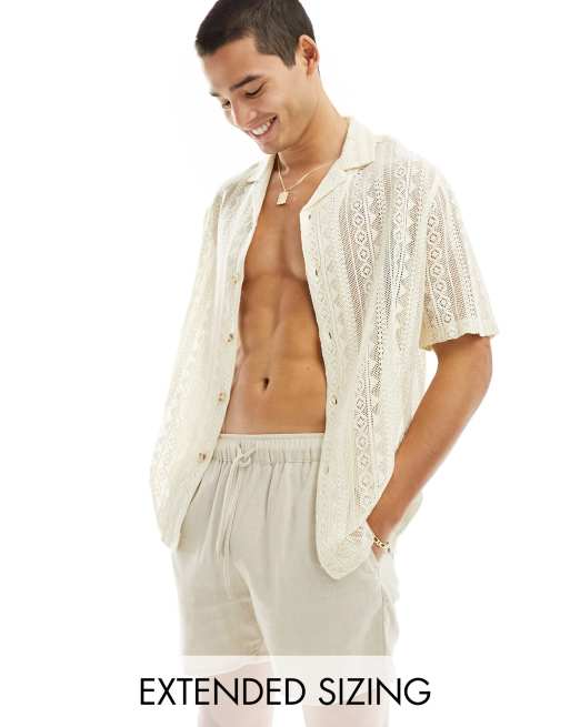 ASOS DESIGN - Beige afslappet skjorte med revers og geometriske blonder 