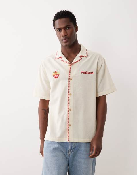 ASOS DESIGN - Beige afslappet skjorte med reverskrave og bryst- og kantbroderinger - view 1