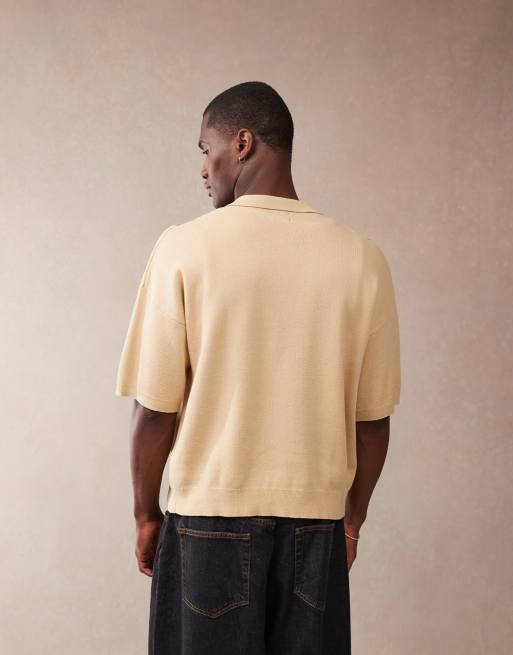 ASOS DESIGN - Beige afslappet strikket polo med gennemgående knapper og argyle-mønster, 3 af 4