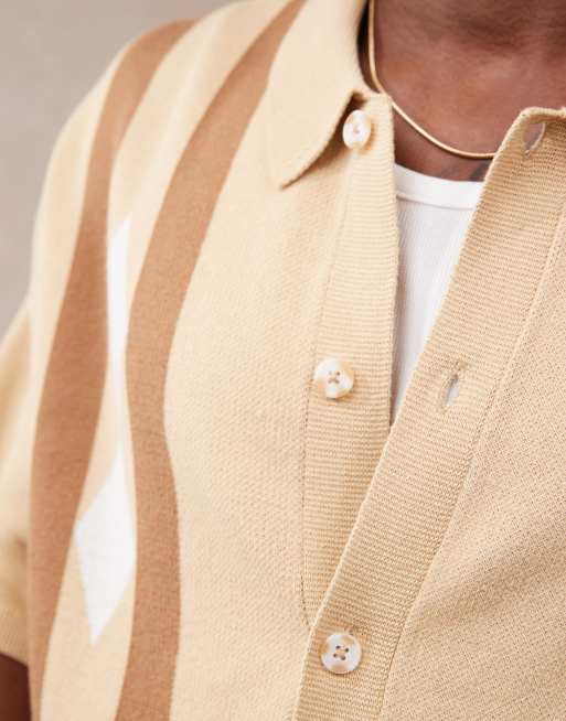 ASOS DESIGN - Beige afslappet strikket polo med gennemgående knapper og argyle-mønster, 4 af 4