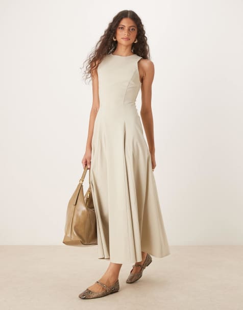 ASOS DESIGN – Beige, ärmlös midiklänning i bengalin med korsettmidja - view 1