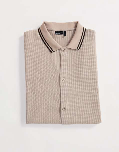 ASOS DESIGN – Beige, avslappnad pikétröja med knäppning - view 1