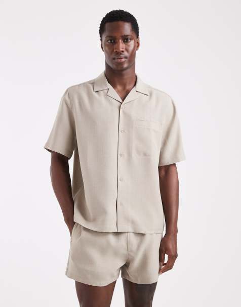 ASOS DESIGN – Beige, avslappnad skjorta i linnestil med platt krage, del av set - view 1