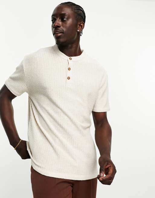 ASOS DESIGN – Beige, avslappnad t-shirt i henleystil 