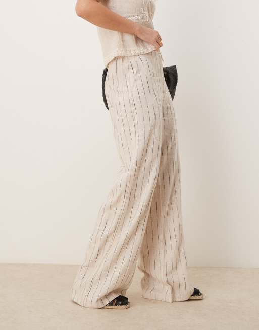 ASOS DESIGN – Beige, avslappnade linnebyxor med raka ben och ojämna ränder, 4 av 5