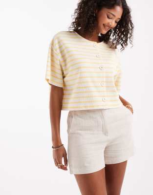 ASOS DESIGN – Beige, avslappnade linneshorts i dad-modell - view 1