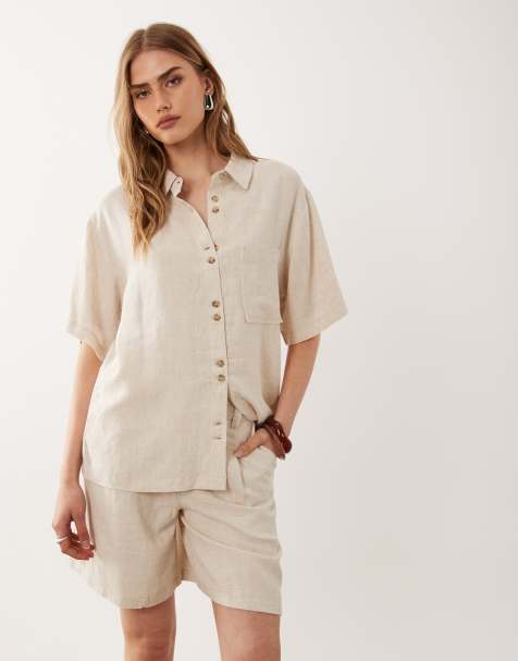 ASOS DESIGN – Beige, avslappnade linneshorts i dad-modell - view 1