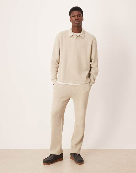 ASOS DESIGN – Beige, avslappnat, strukturerat set med sweatshirt med platt krage och joggers - view 1