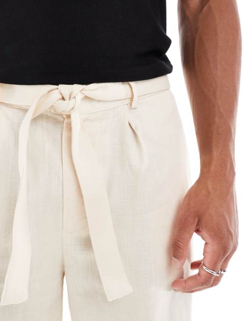 ASOS DESIGN – Beige, avsmalnande byxor i linnestil och oversize med skärp , 4 av 5