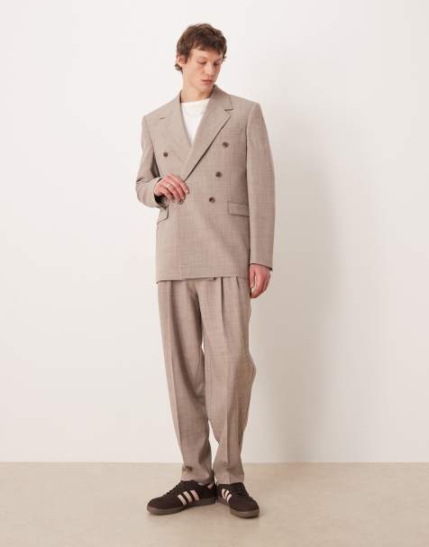 ASOS DESIGN – Beige, avsmalnande kostymbyxor i oversize med crosshatch-mönster - view 1