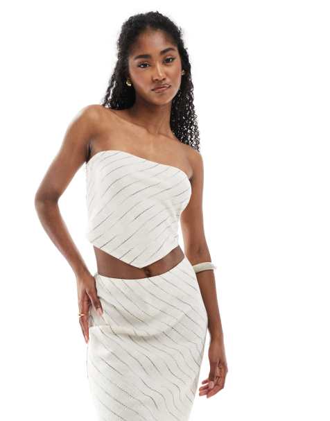 ASOS DESIGN - Beige bandeau-top i hørblanding med tørklædesnit og striber - Del af sæt - view 1