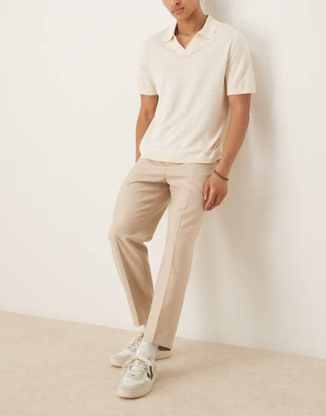 ASOS DESIGN – Beige, borstade, avsmalnande finbyxor med veck framtill och avslappnad passform - view 1