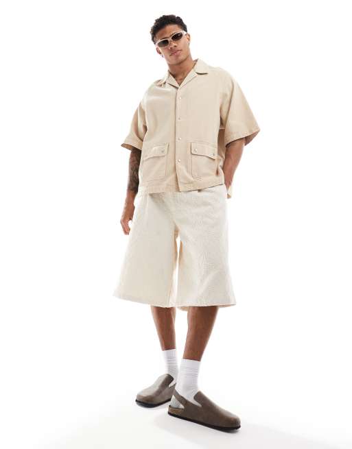 ASOS DESIGN – Beige, boxig oversize-skjorta i twill med resortkrage