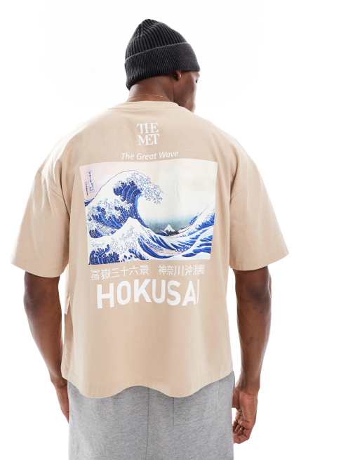 ASOS DESIGN – Beige, boxig, oversize t-shirt i unisex-modell med licenserade Hokusai Wave-tryck, 3 av 4