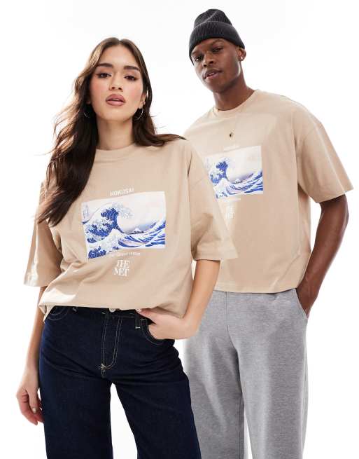 ASOS DESIGN – Beige, boxig, oversize t-shirt i unisex-modell med licenserade Hokusai Wave-tryck, 4 av 4